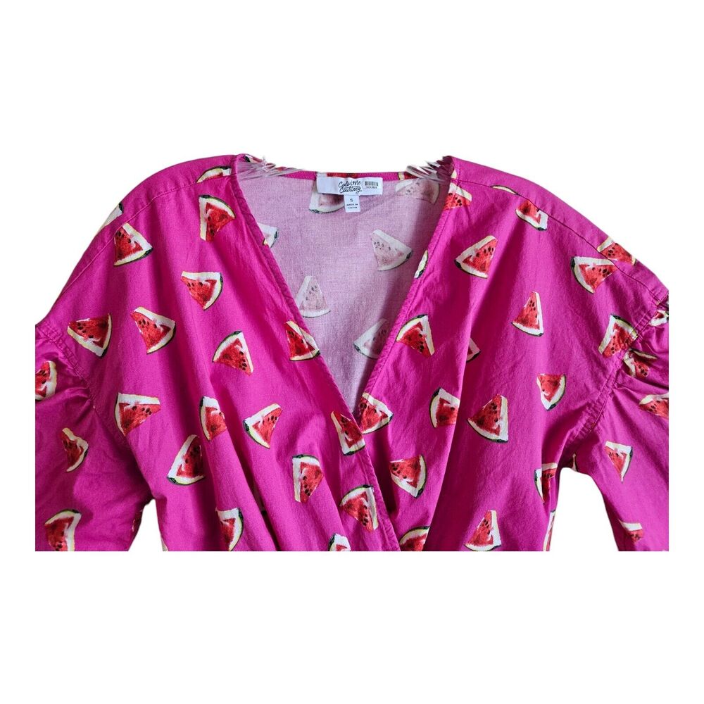 COLOR ME COURTNEY Women S Wrap Blouse Top Pink Cropped Watermelon Print 36" Bust - Picture 2 of 6